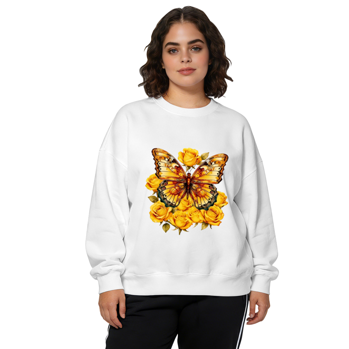 Stunning Golden Butterfly With Yellow Roses Art Crewneck Sweatshirt