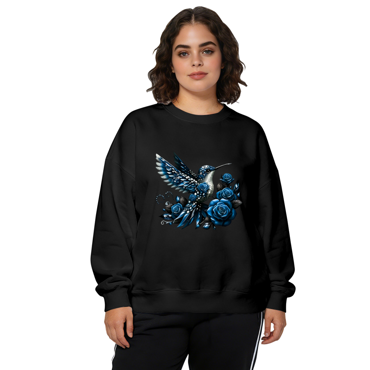 Stunning Sapphire?Blue Hummingbird & Deep Blue Roses Crewneck Sweatshirt