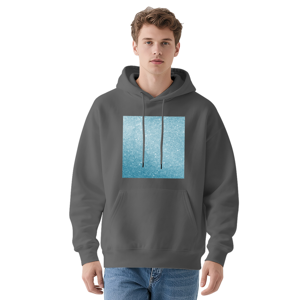 Blue Glitter Square Minimal White Hoodie, Light Comfort Simple Daily Hooded Top
