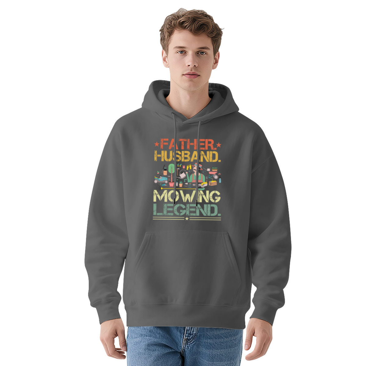 Father Husband Mowing Legend Vintage Navy Hoodie, Dad Cozy Graphic Pullover
