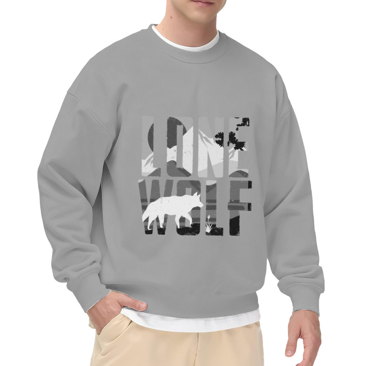 Lone Wolf Mountain Scene Graphic Crewneck Sweatshirt