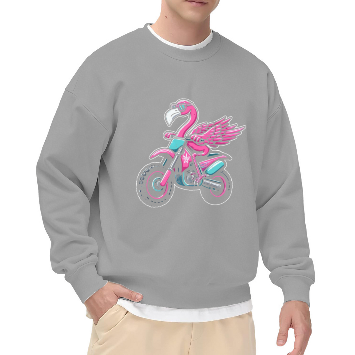 Cool Flamingo Riding Dirt Bike Cartoon Fun Crew Neck Sweatshirt