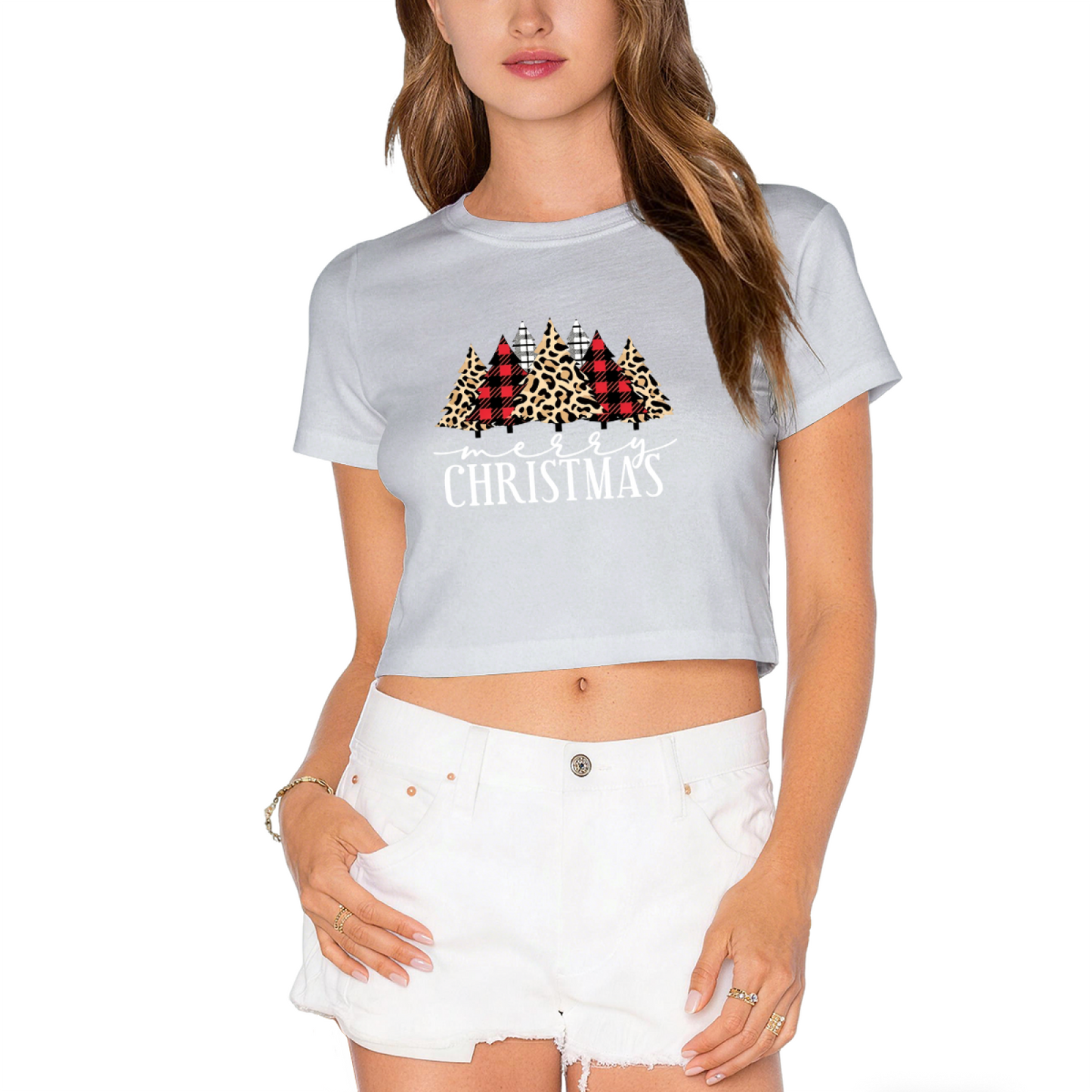 Retro Plaid Leopard Christmas Tree Holiday Red Crop Top