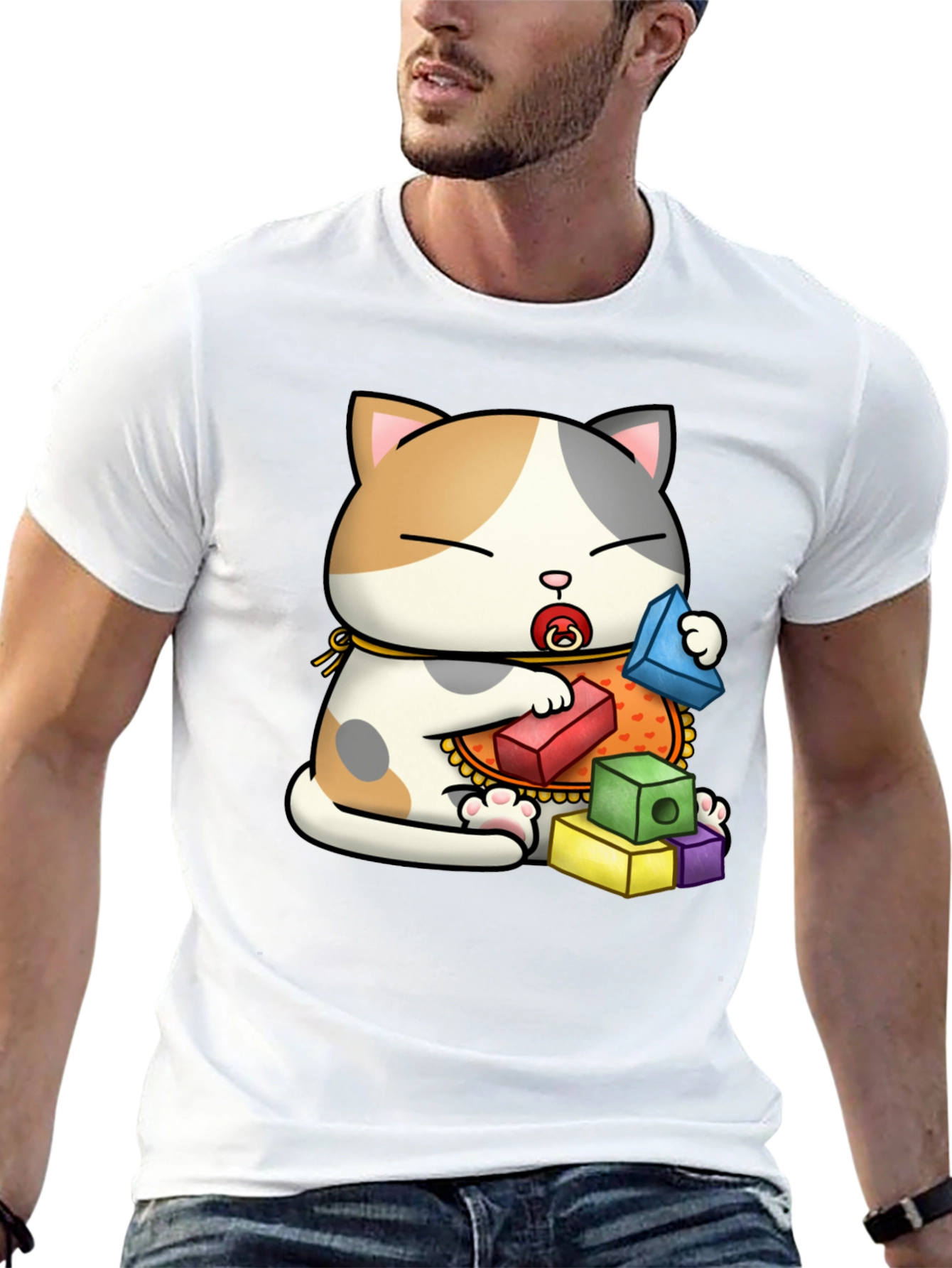 Cute Cat with Blocks Graphic Tee