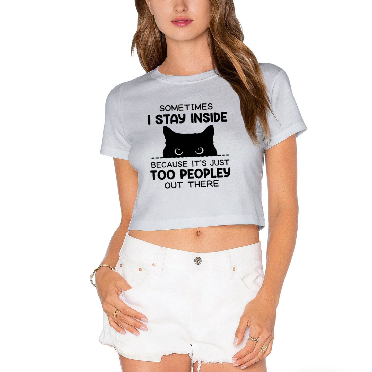 Too Peopley Introvert Cat Funny White Crop Tee