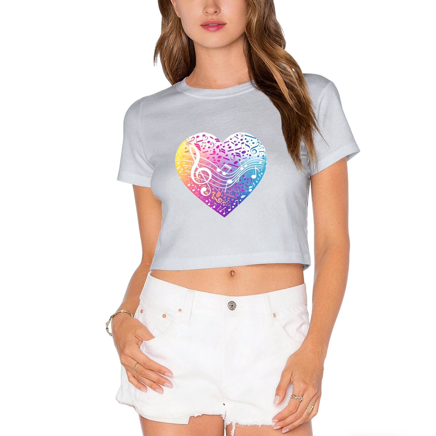 Rainbow Musical Note Heart White Crop Top ¨C Vibrant Music Lover Aesthetic Short T-Shirt