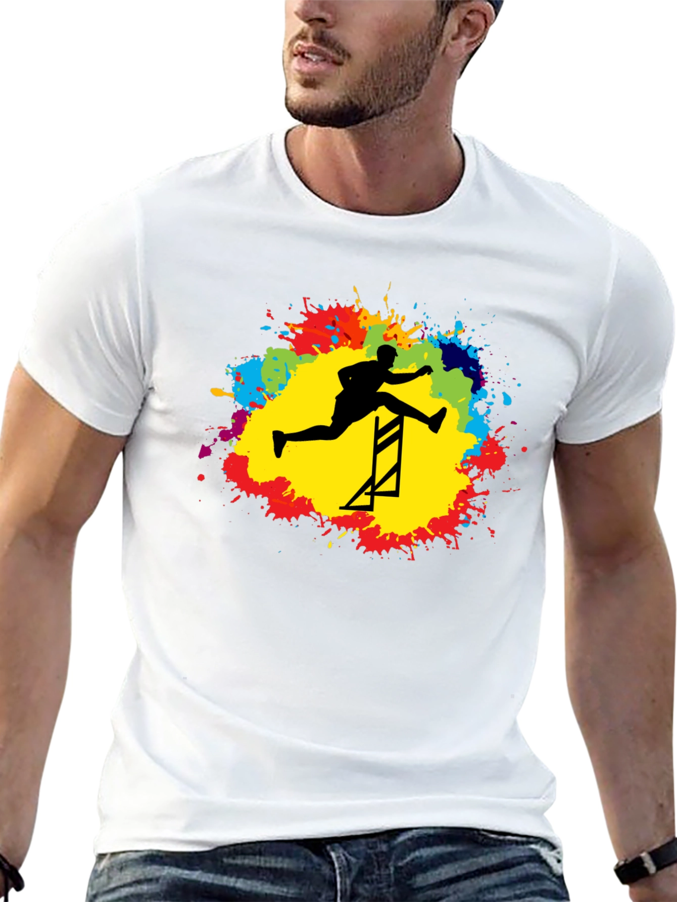 Athlete Hurdling Graphic Tee - Black Cotton T-Shirt