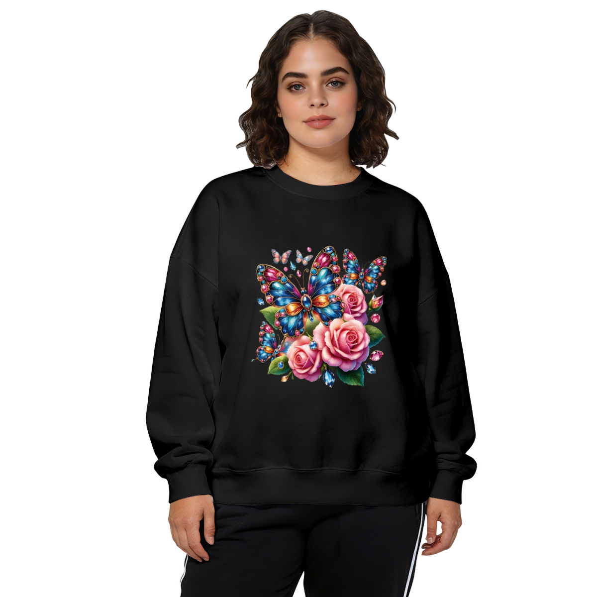 Sparkly Butterfly & Pink Rose Floral Crewneck Sweatshirt
