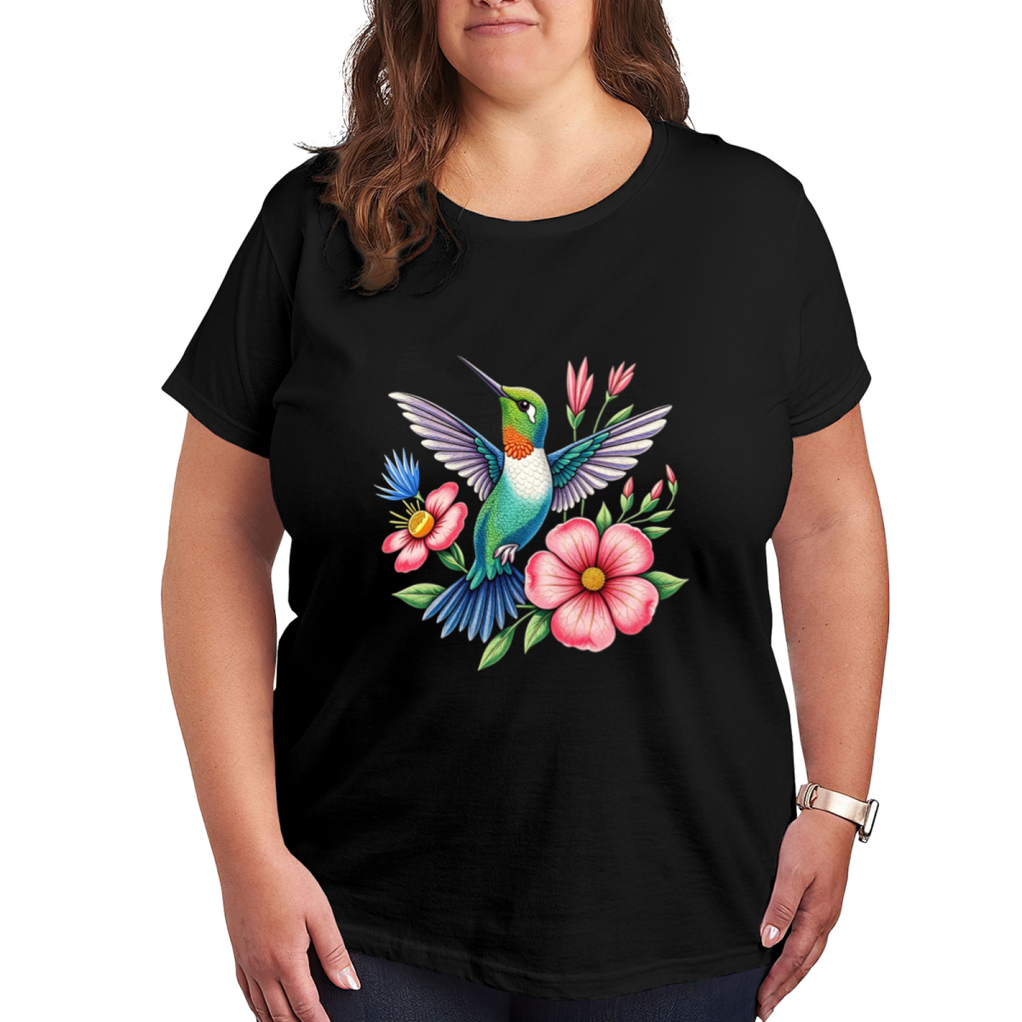 Vibrant Watercolor Hummingbird & Pink Wildflowers Nature Lover T-Shirt