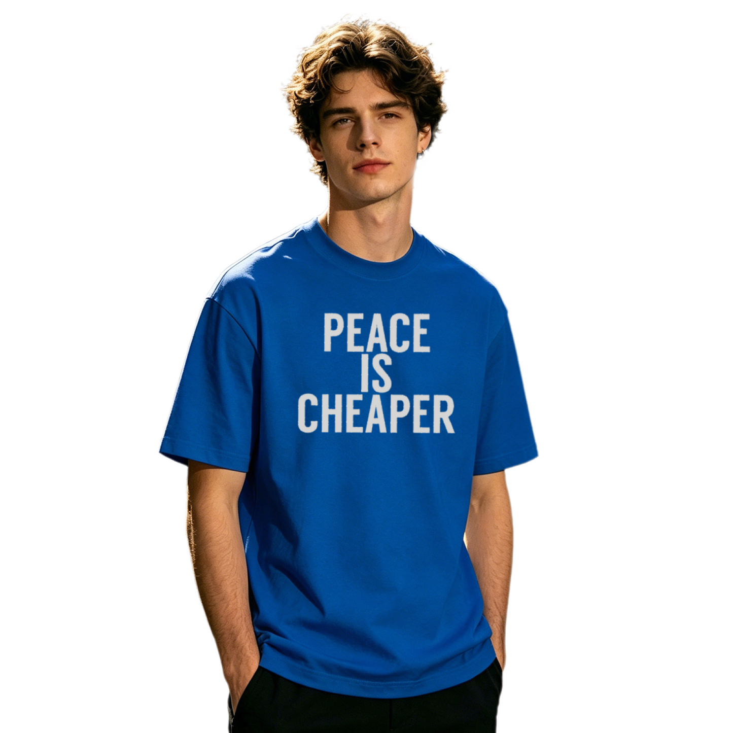 Men's Peace Is Cheaper Minimal Statement Text T-Shirt