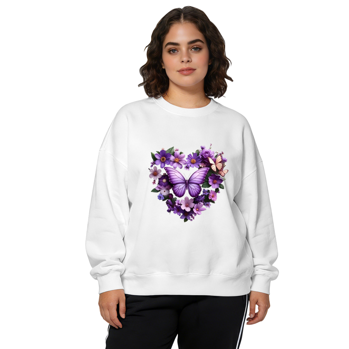 Purple Butterfly Floral Heart Art Crewneck Sweatshirt