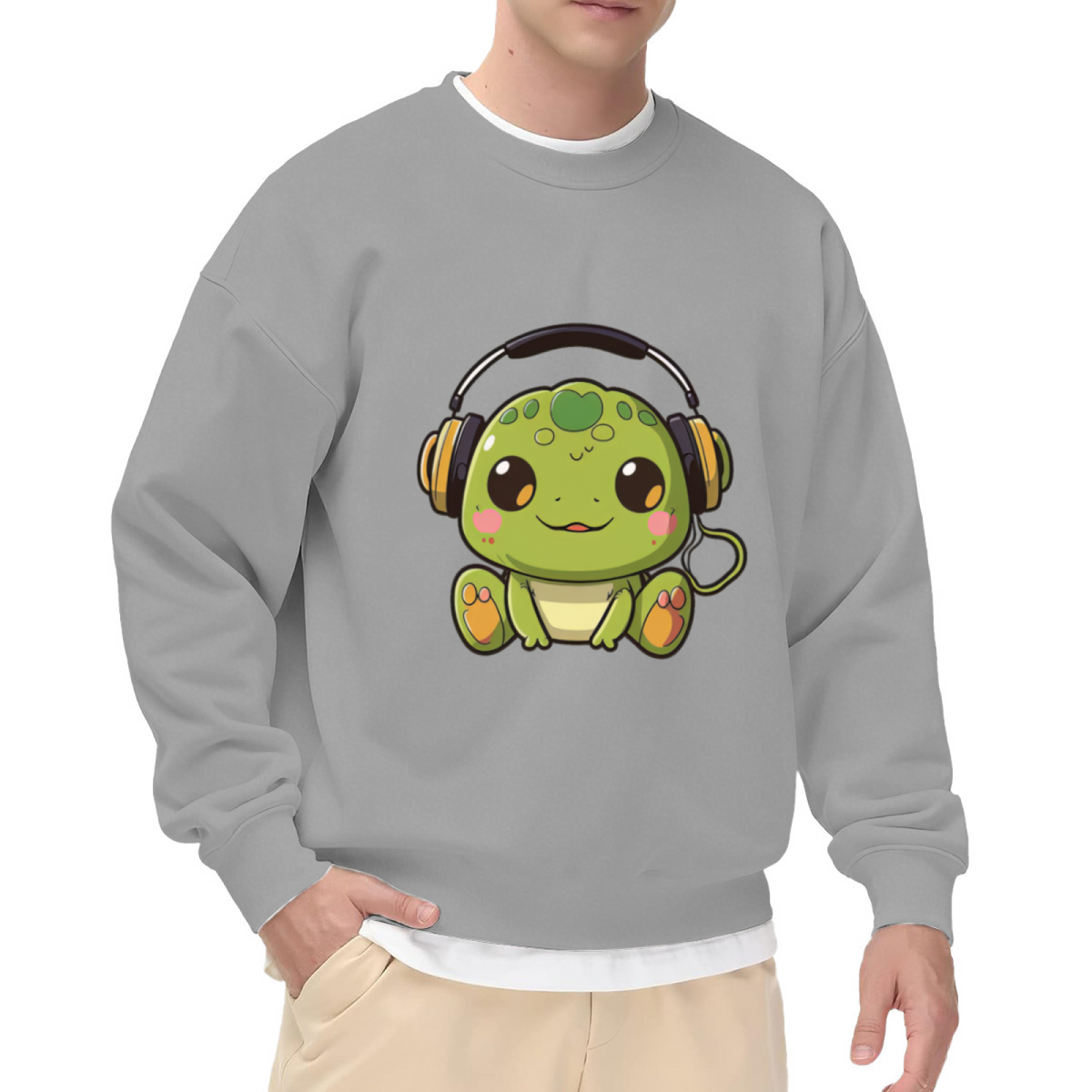 Cute Music Frog Wearing Headphones Cartoon Crewneck Sweatshirt Fun Animal Graphic Pullover