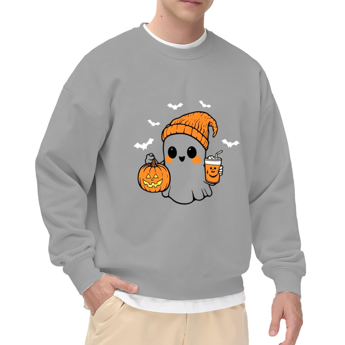 Cute Boo Ghost Pumpkin Coffee Halloween Crewneck Sweatshirt