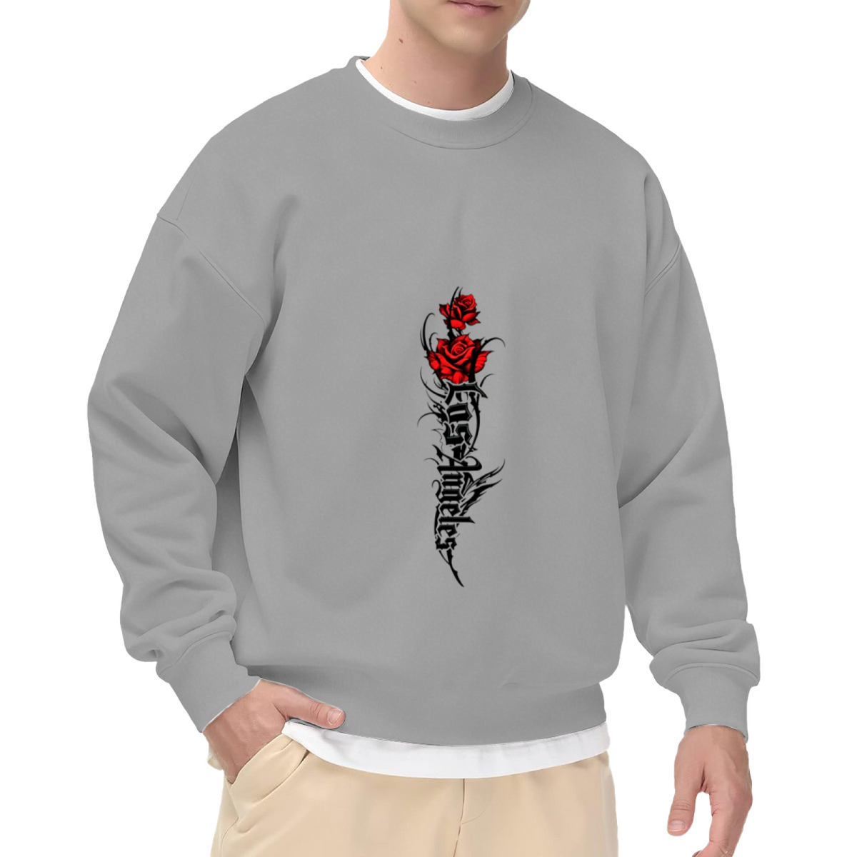 Gothic Red Rose Thorn Letter Graphic White Crewneck Sweatshirt Dark Streetwear