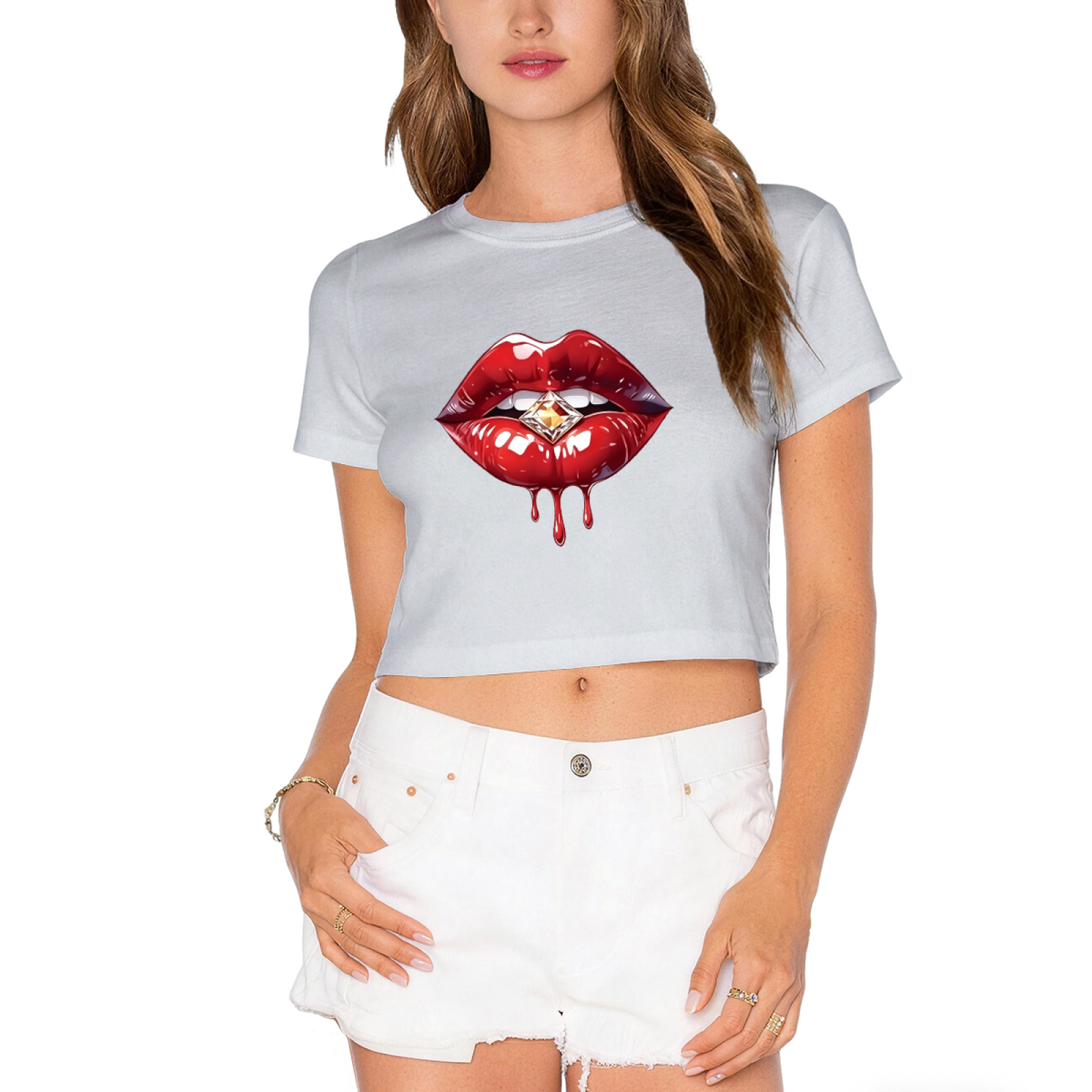 Juicy Dripping Diamond Red Lips Glam Pink Crop Top