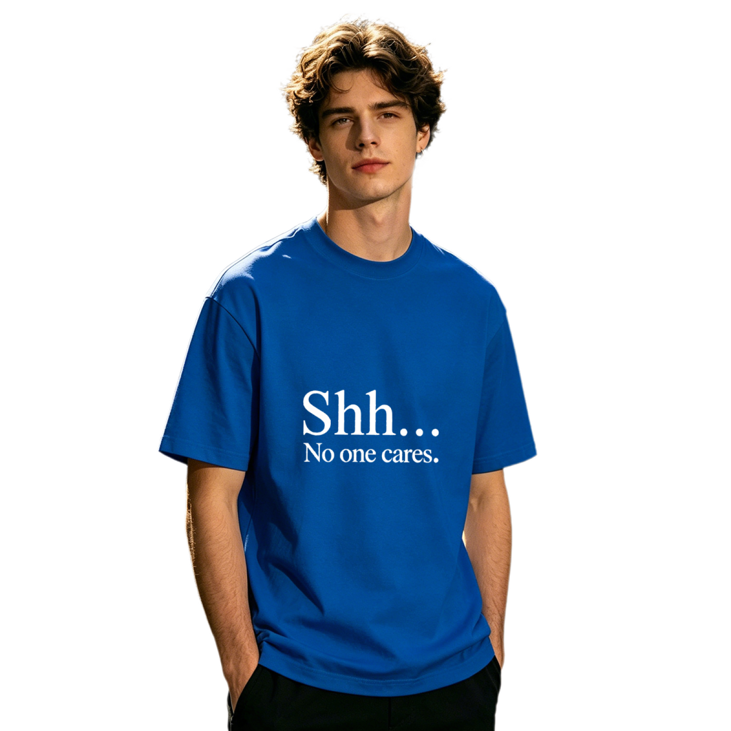 Men's Shh No One Cares Funny Minimal Slogan Casual T-Shirt