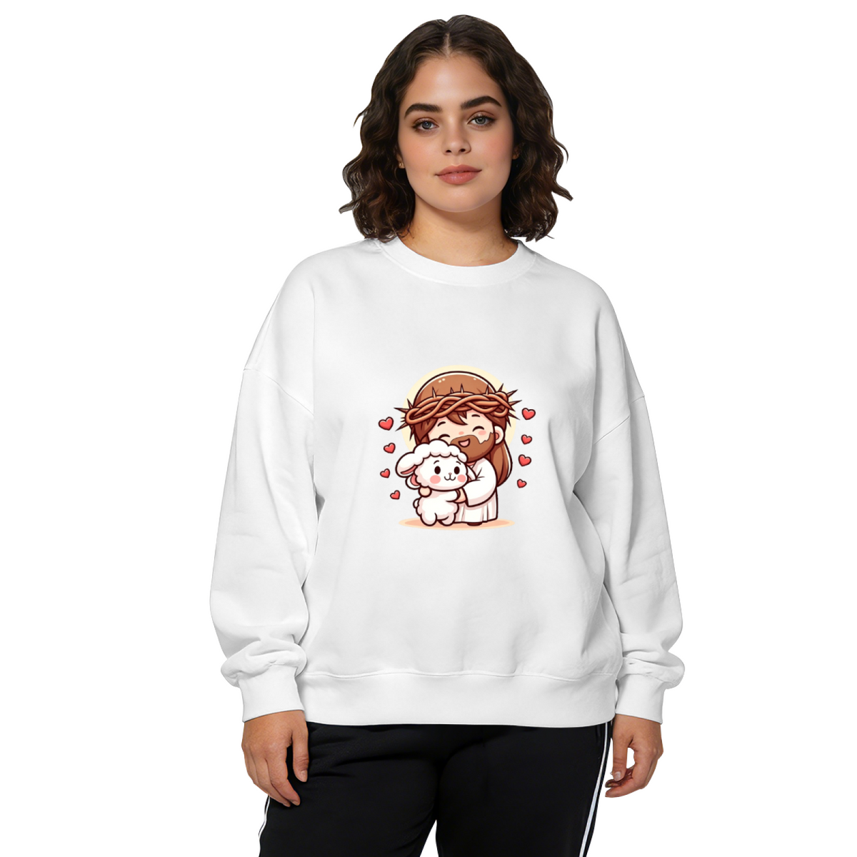 Cute Cartoon Jesus With Lamb Faith Crewneck Sweatshirt