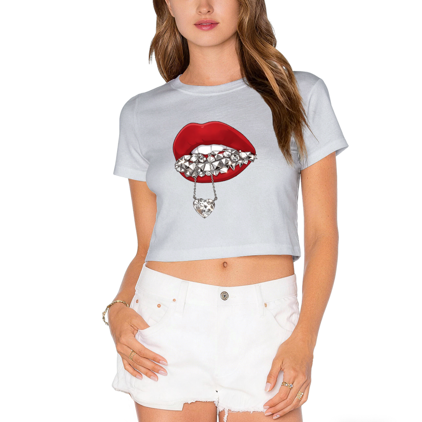 Spike Grill Diamond Heart Lips Y2K Crop Top