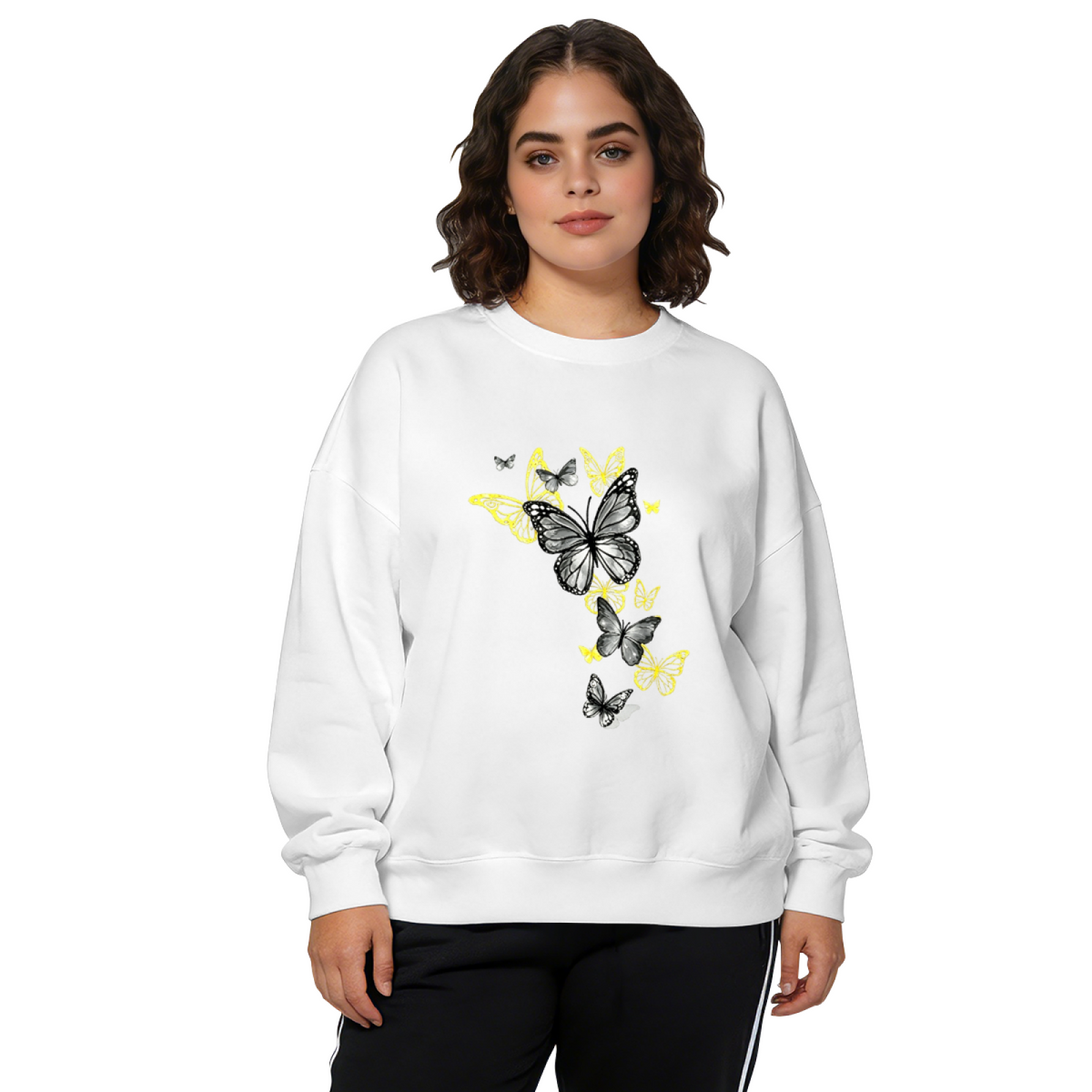 Grey?Yellow Contrast Butterflies Stylish Crewneck Sweatshirt