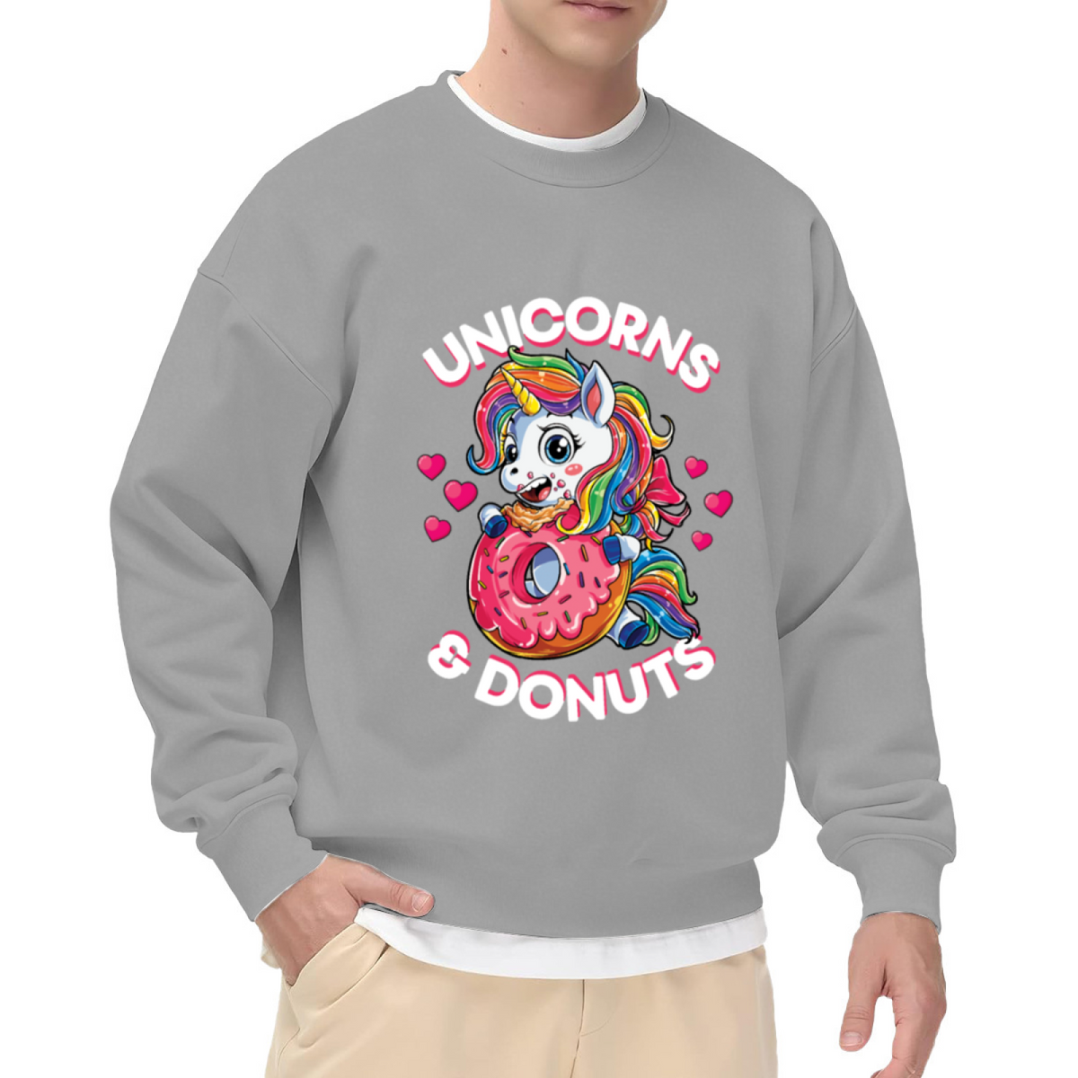 Cute Unicorn Donut Rainbow Heart Cartoon Crewneck Sweatshirt