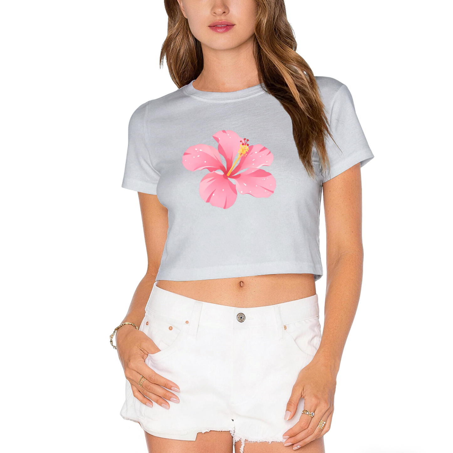 Tropical Hibiscus Flower Hot Pink Crop Top ¨C Summer Vacation Hawaiian Cute Women Tee