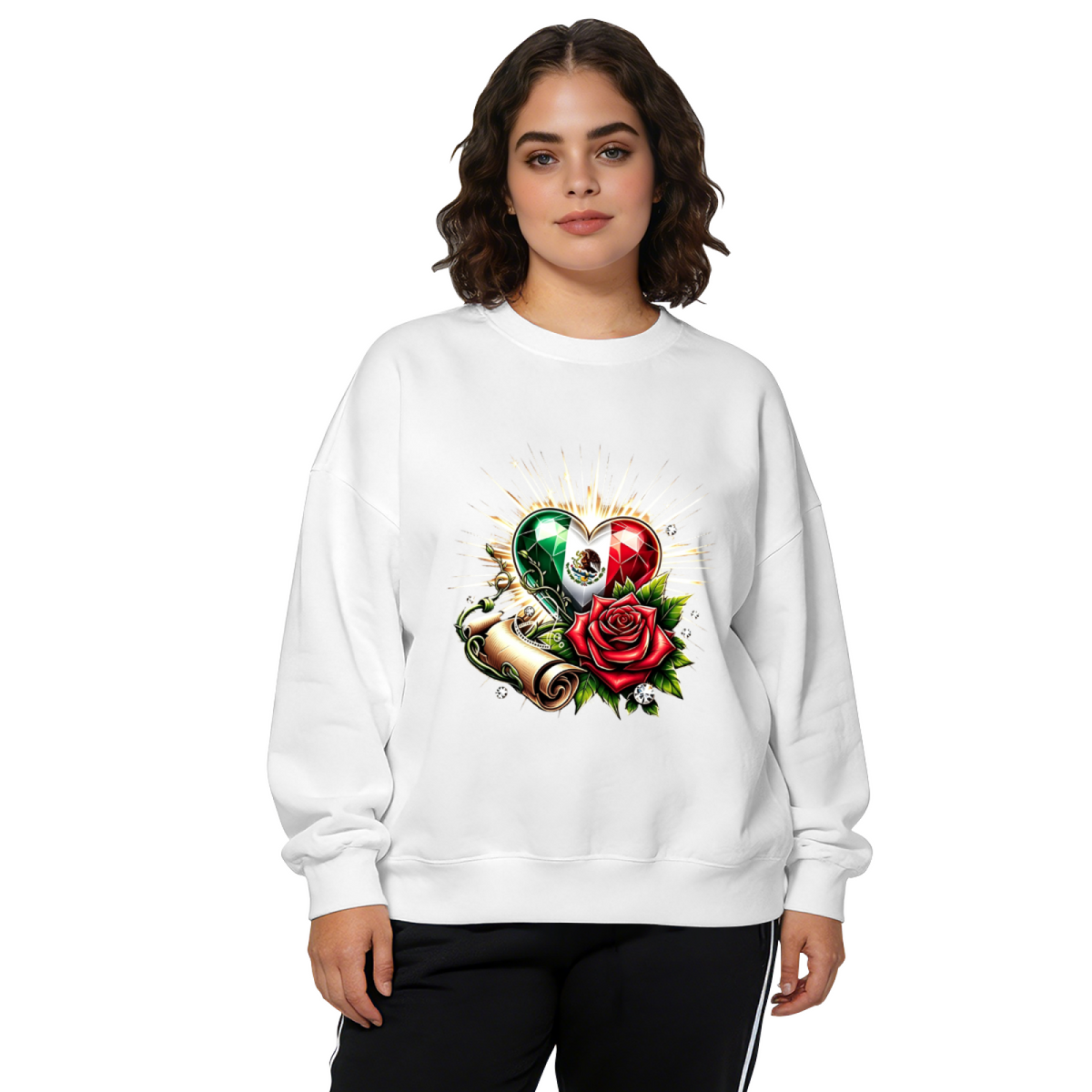 Mexico Flag Heart Rose Graphic Crewneck Sweatshirt