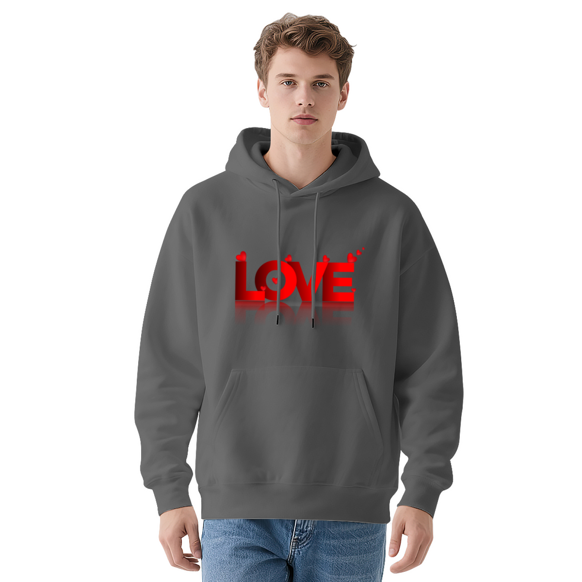 Bold 3D Red LOVE Heart Graphic Black Hoodie, Unisex Cozy Daily Pullover