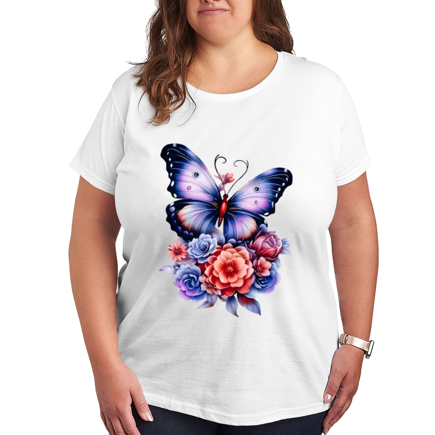 Dreamy Purple Floral Big Butterfly Black Tee