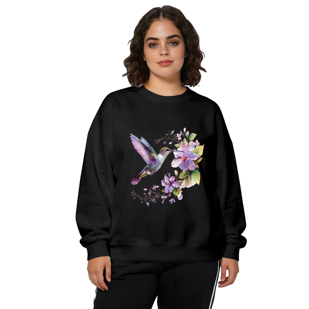 Watercolor Hummingbird & Purple Floral Crewneck Sweatshirt