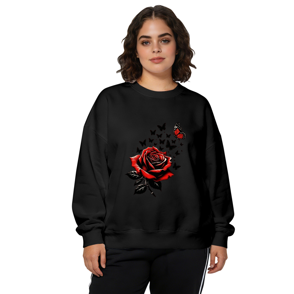 Striking Red Rose And Black Butterflies Art Crewneck Sweatshirt