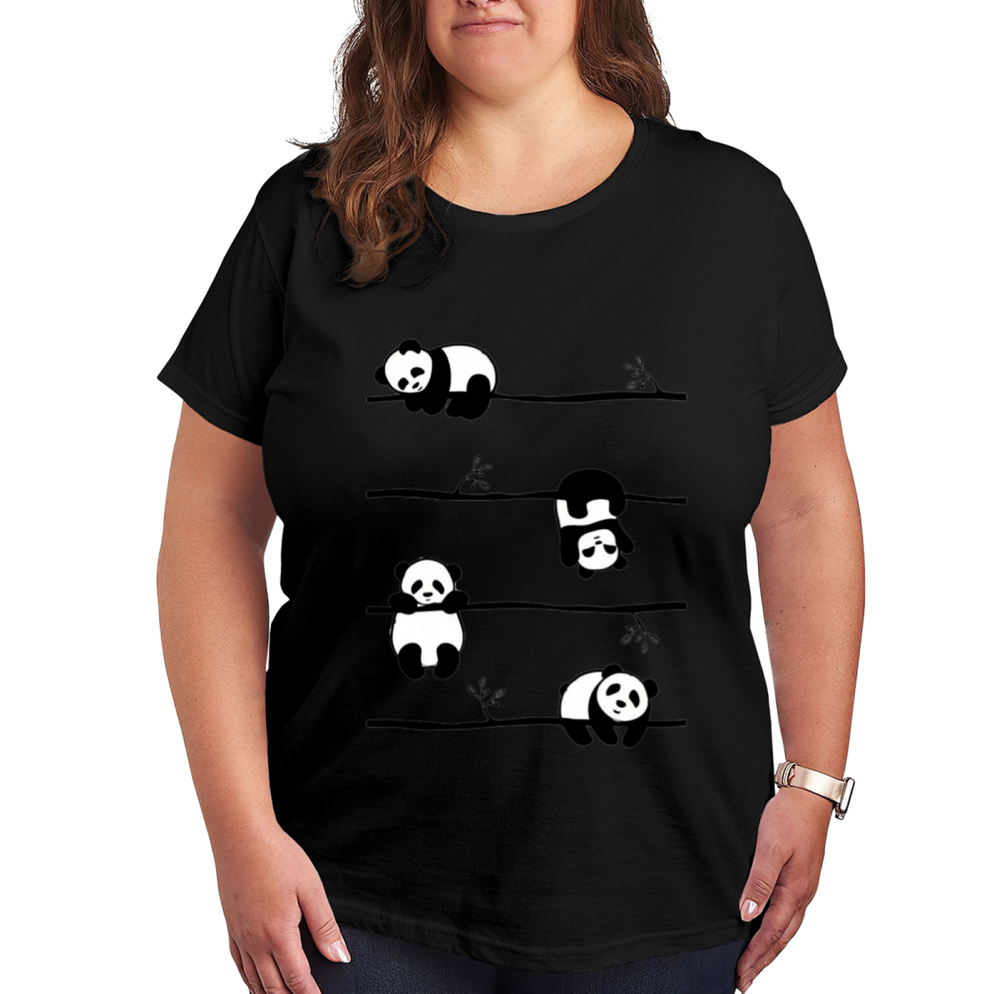 Minimal Line Art Four Lazy Pandas On Bamboo Branch Cute Animal Tee