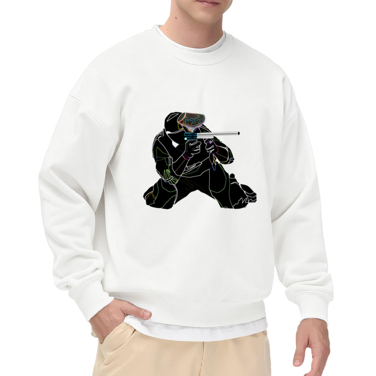 Neon Paintball Player Silhouette Crewneck Sweatshirt Cool Sport Game Graphic Pullover