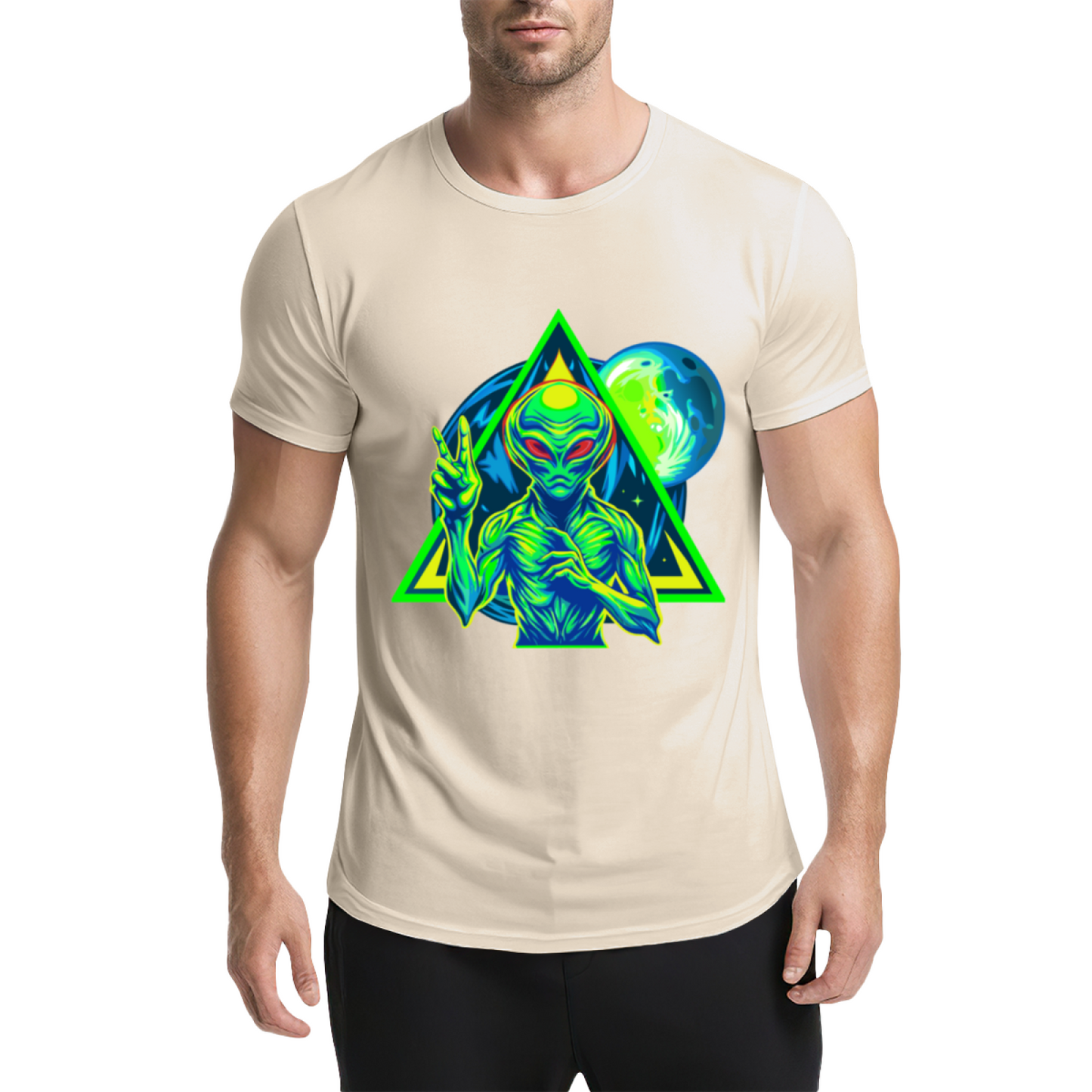 Neon Triangle UFO Alien Black Tee, Cyberpunk Sci-Fi Cool Street Graphic Shirt