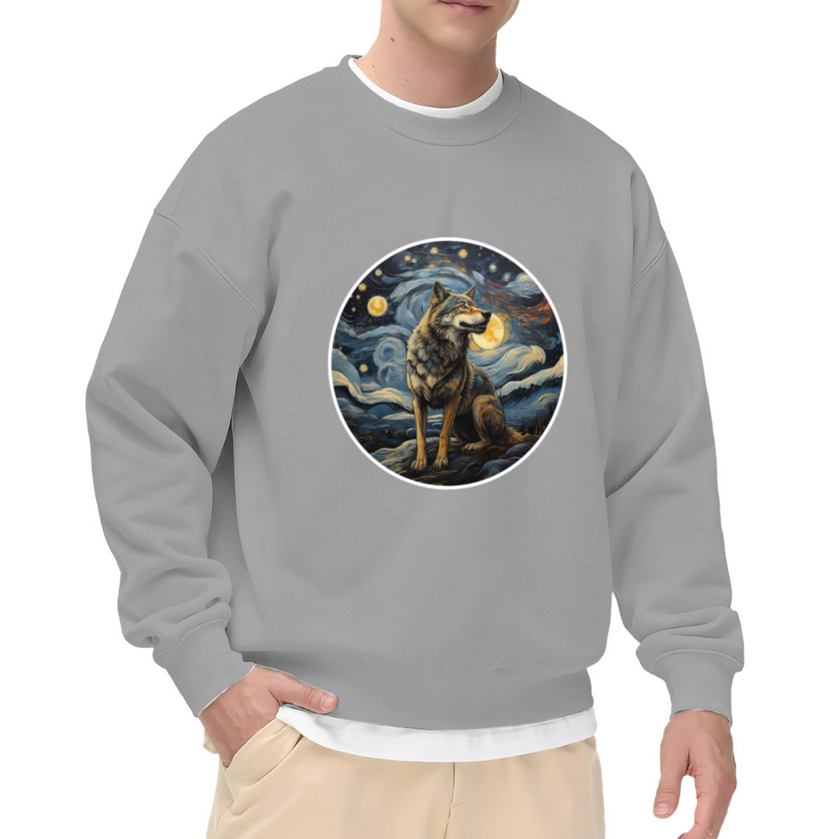 Starry Night Wolf Van Gogh Style Art Graphic Crewneck Sweatshirt