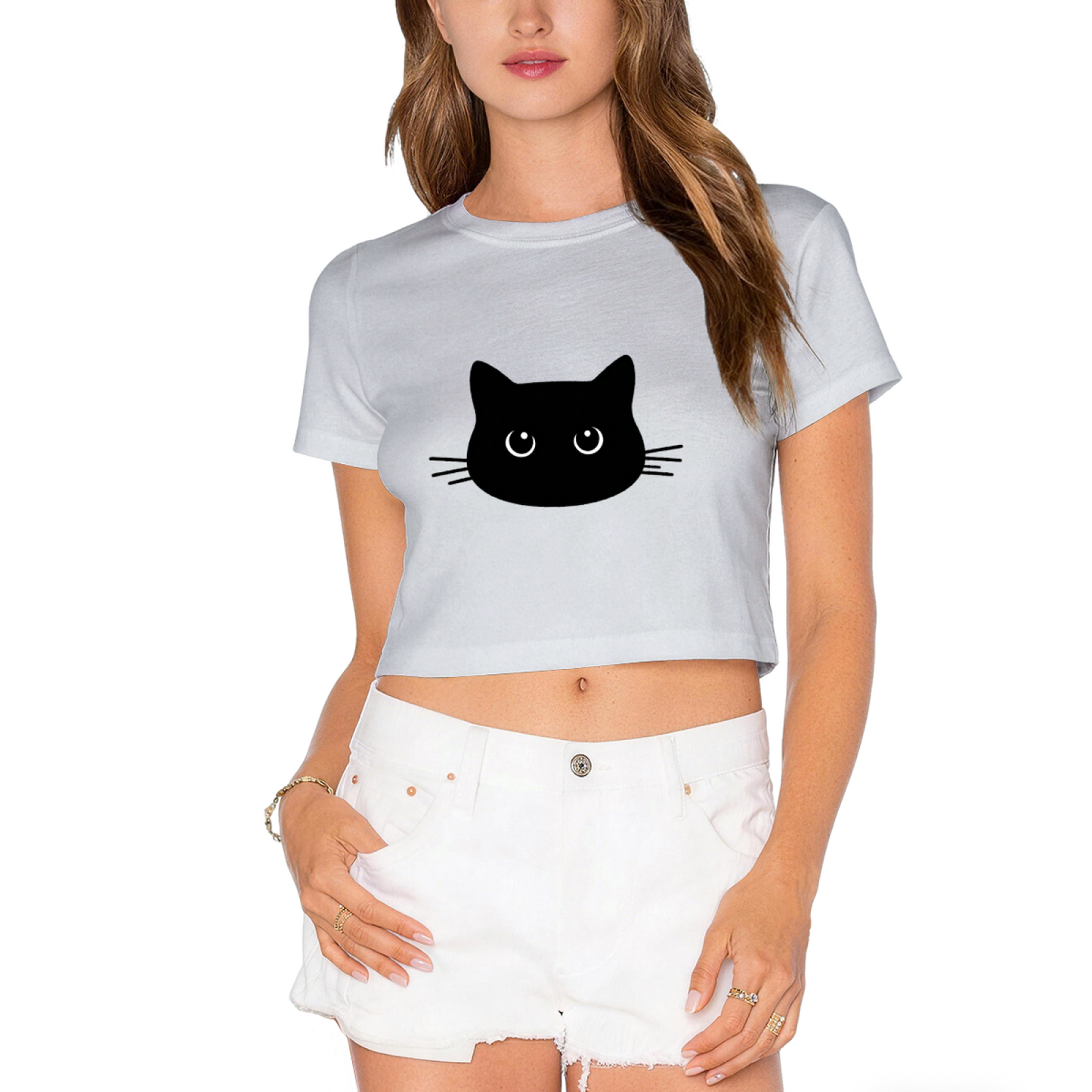 Cute Black Cat Face Lime Green Cropped Tee ¨C Minimalist Kitty Graphic Top