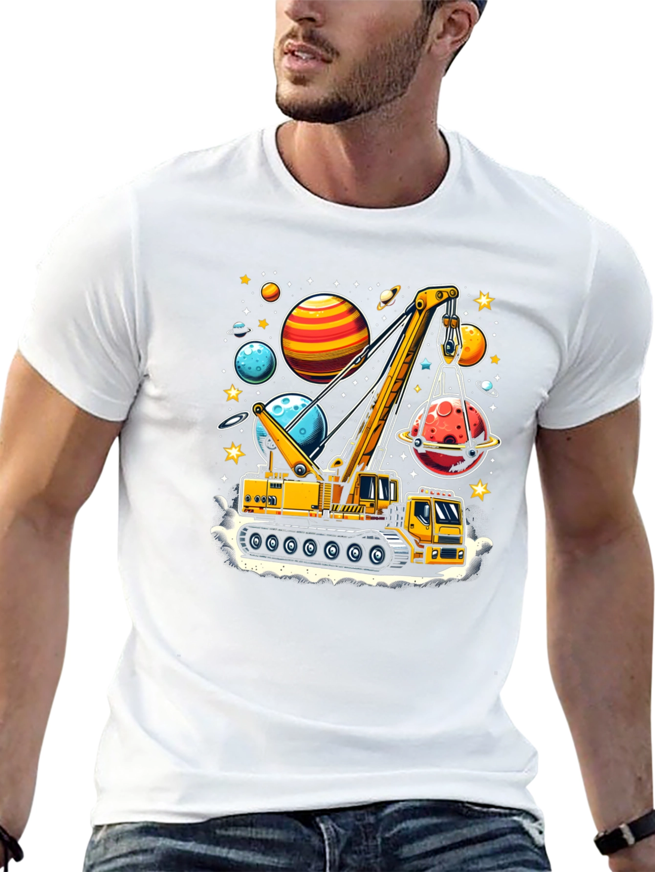 Crane Lifting Planets Graphic T-Shirt