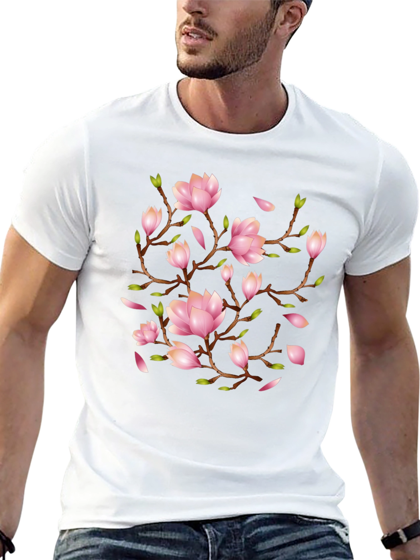Floral Magnolia Branch Black T-Shirt