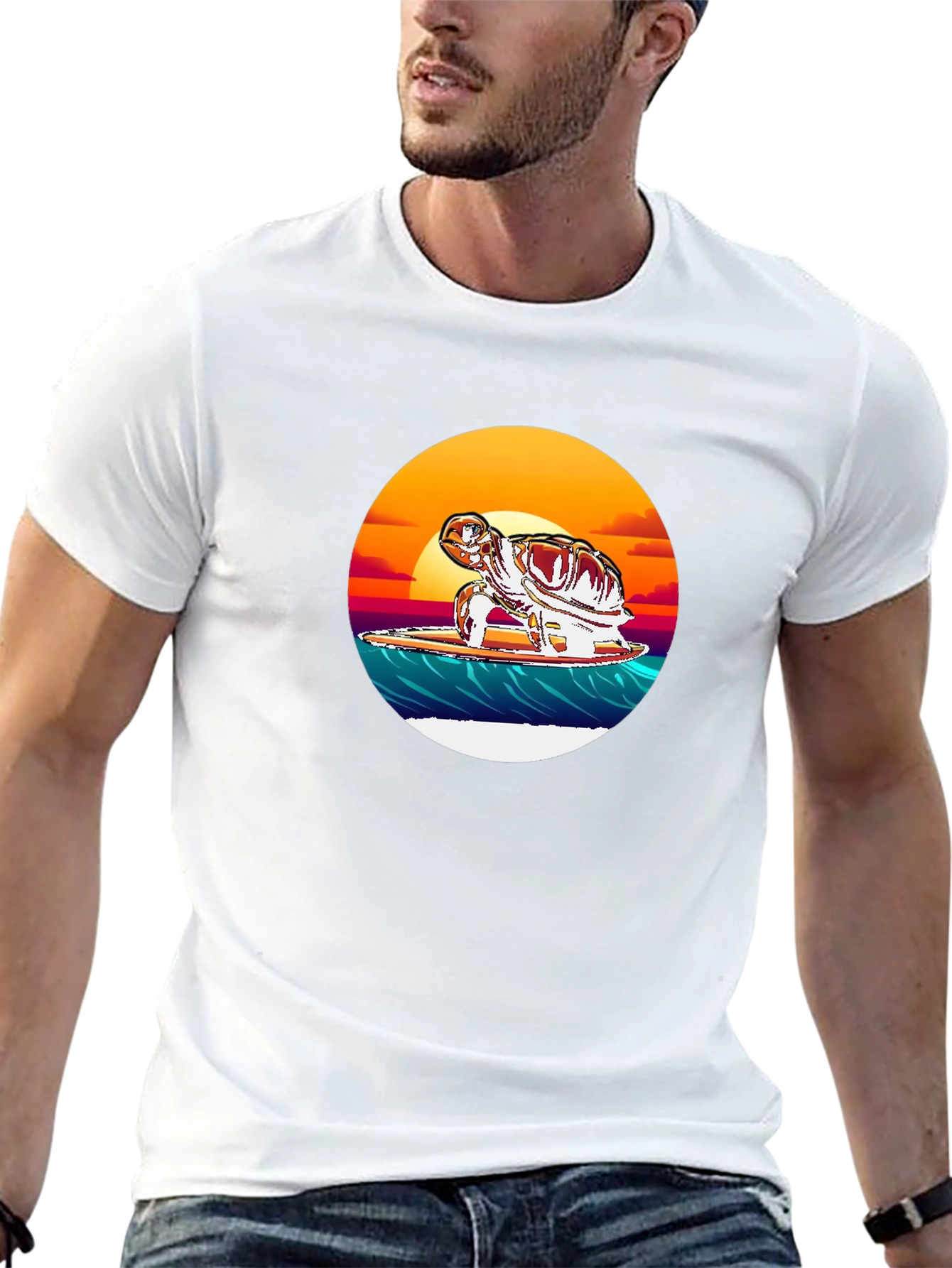 Surfing Turtle Graphic Tee - Black Cotton Blend