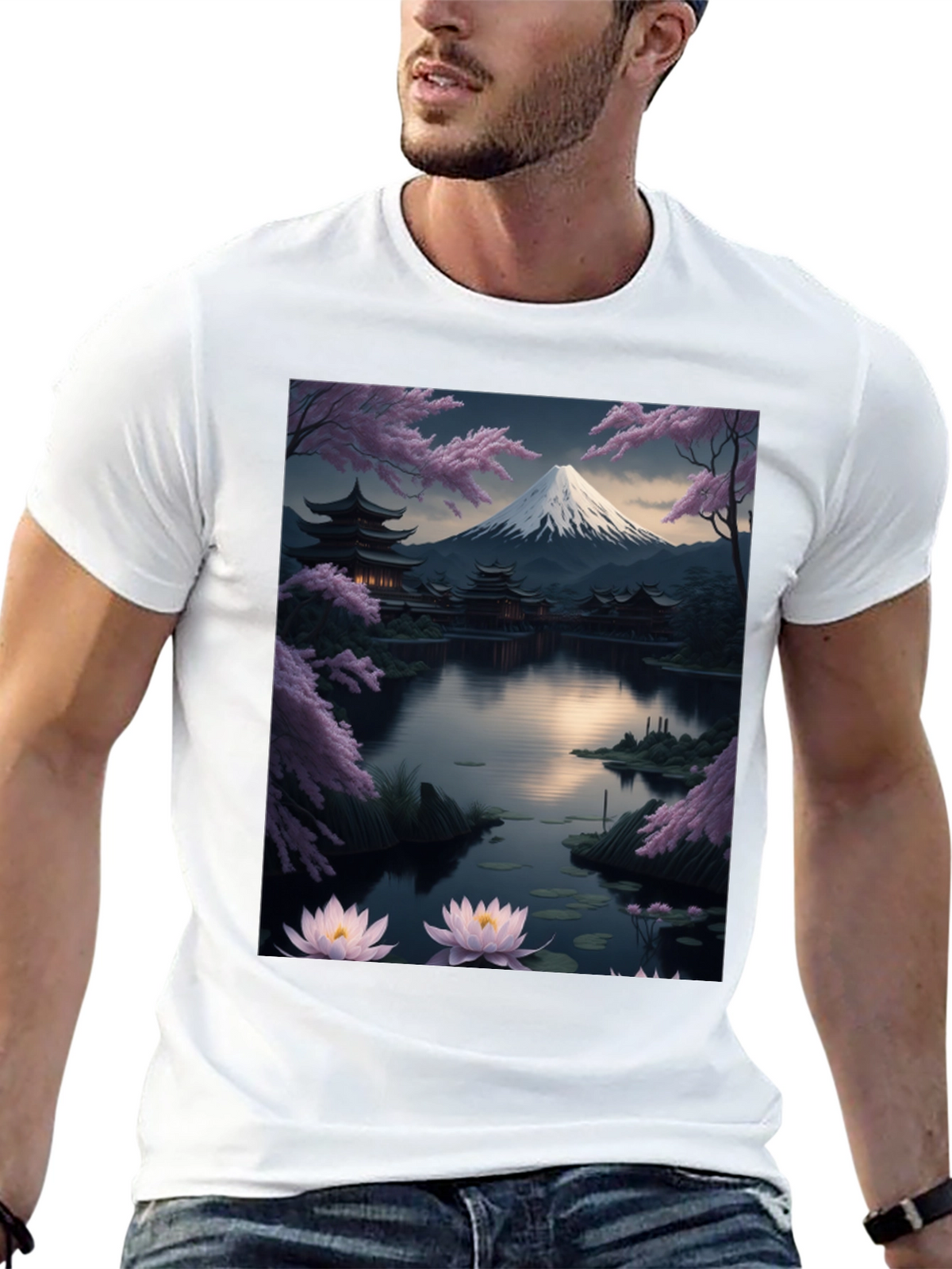 Japanese Art T-Shirt: Mountain & Lotus Design