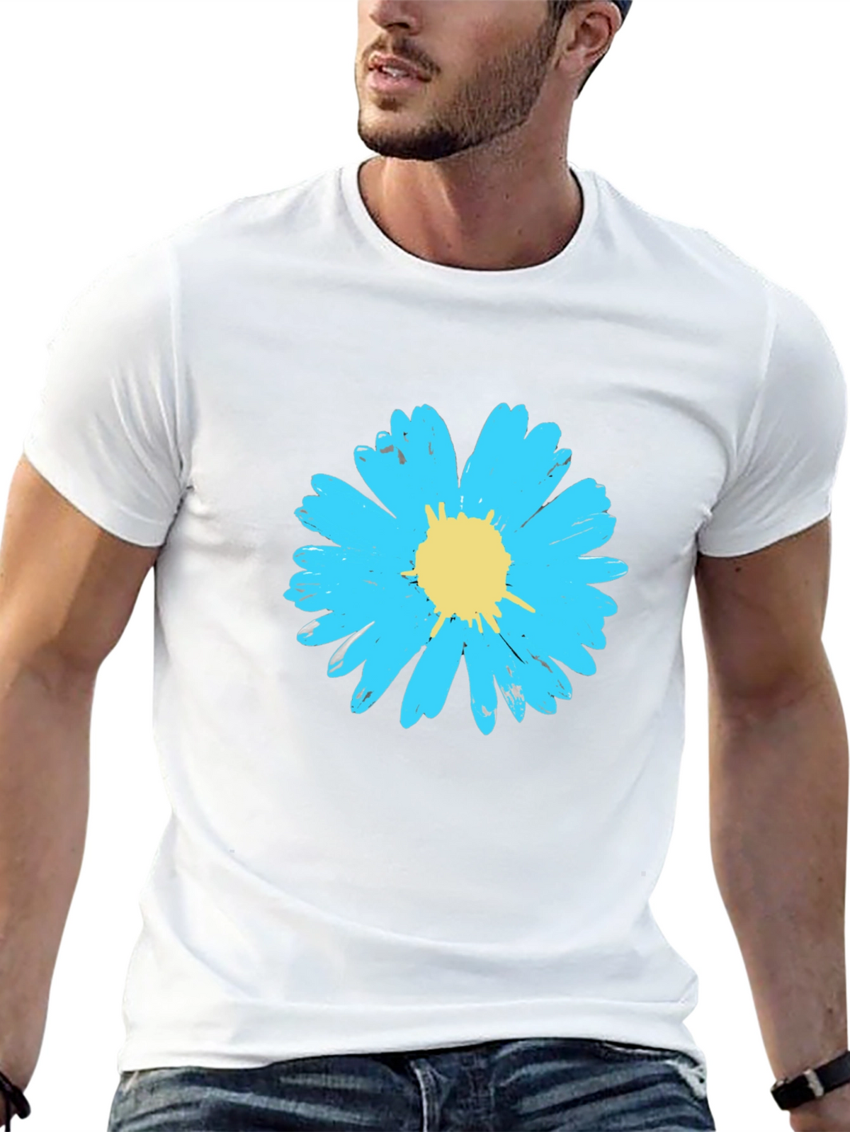 Blue Daisy Graphic Tee - Stylish Mens Black T-Shirt
