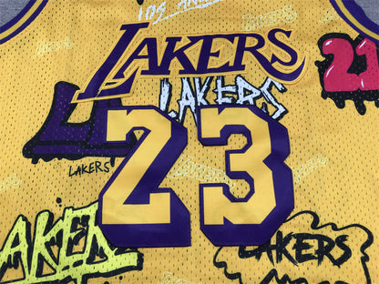 Men's Los Angeles Lakers LeBron James #23 Yellow Swingman Graffiti Edition Jerseys