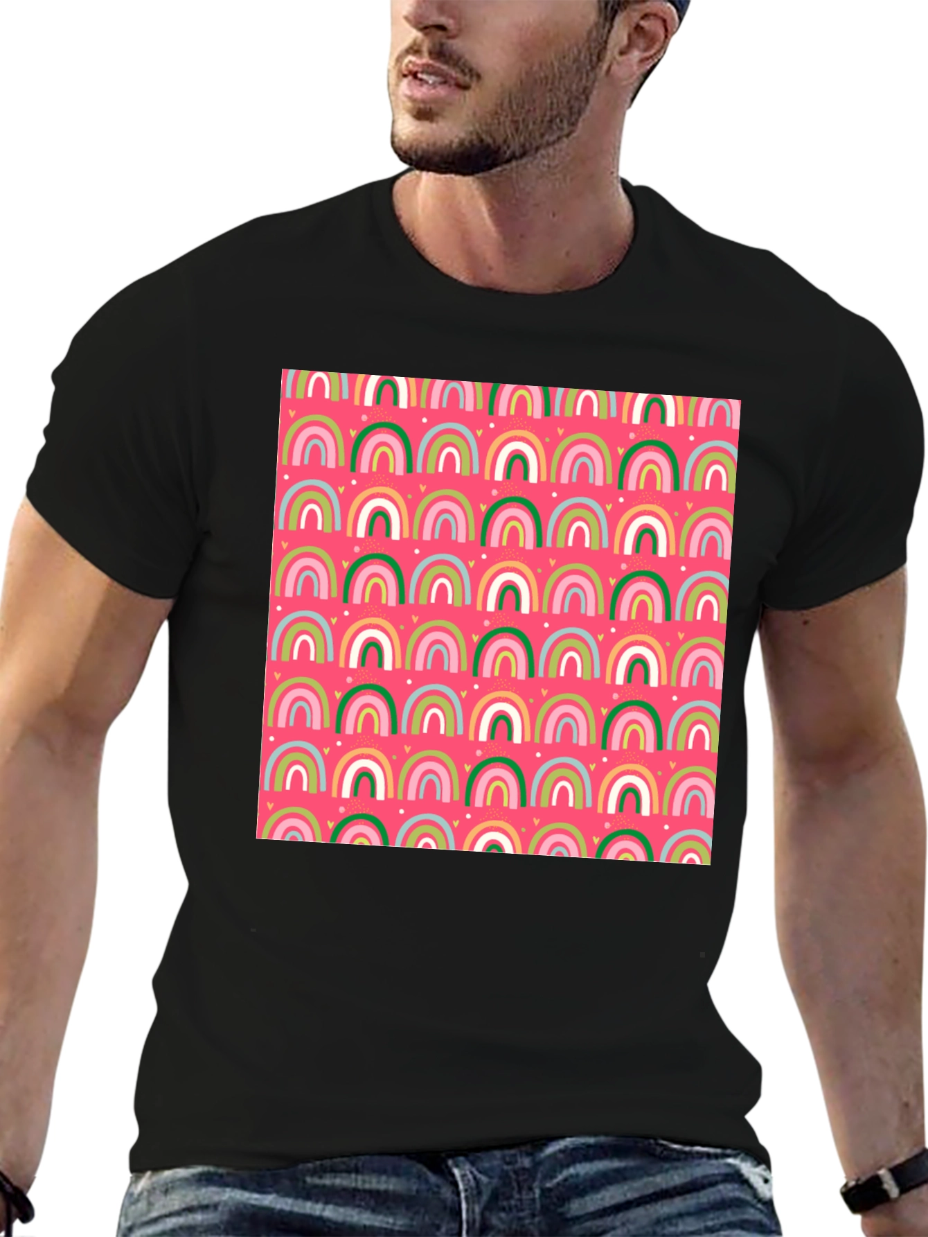 Rainbow Heart Pattern Crew Neck T-Shirt