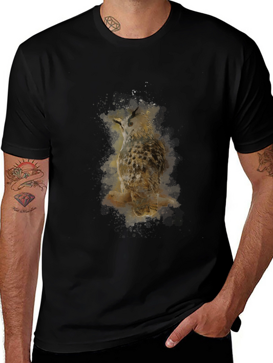 Owl Watercolor Graphic Print Mens Black T-Shirt