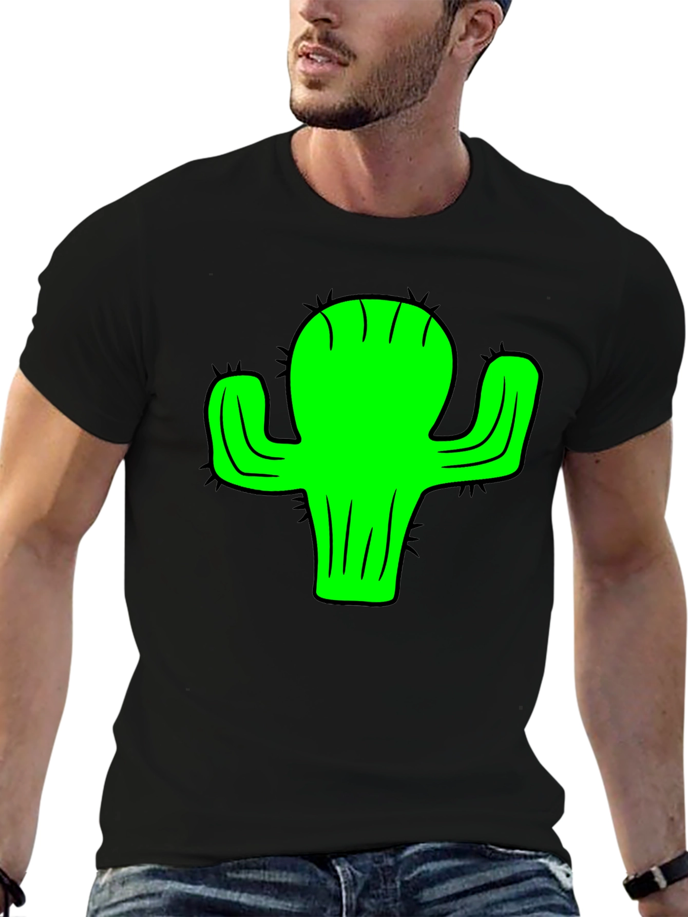 Green Cactus Graphic Black T-Shirt