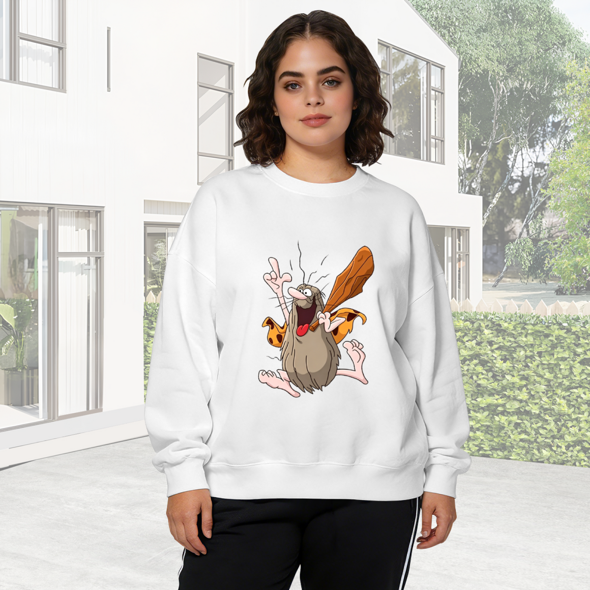 Funny Crazy Caveman Cartoon Character Crewneck Sweatshirt