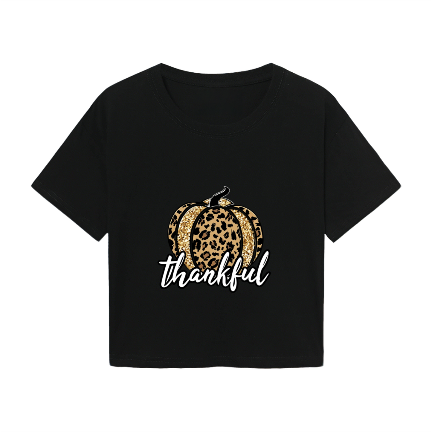 Fall Style Black Crop Top With Glitter Leopard Pumpkin & Thankful Words