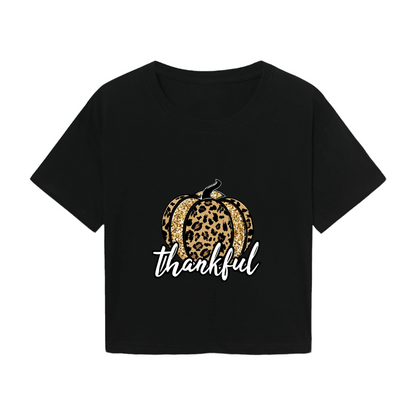 Fall Style Black Crop Top With Glitter Leopard Pumpkin & Thankful Words