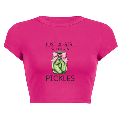 Just A Girl Obsessed With Pickles Pink Coquette Crop Top