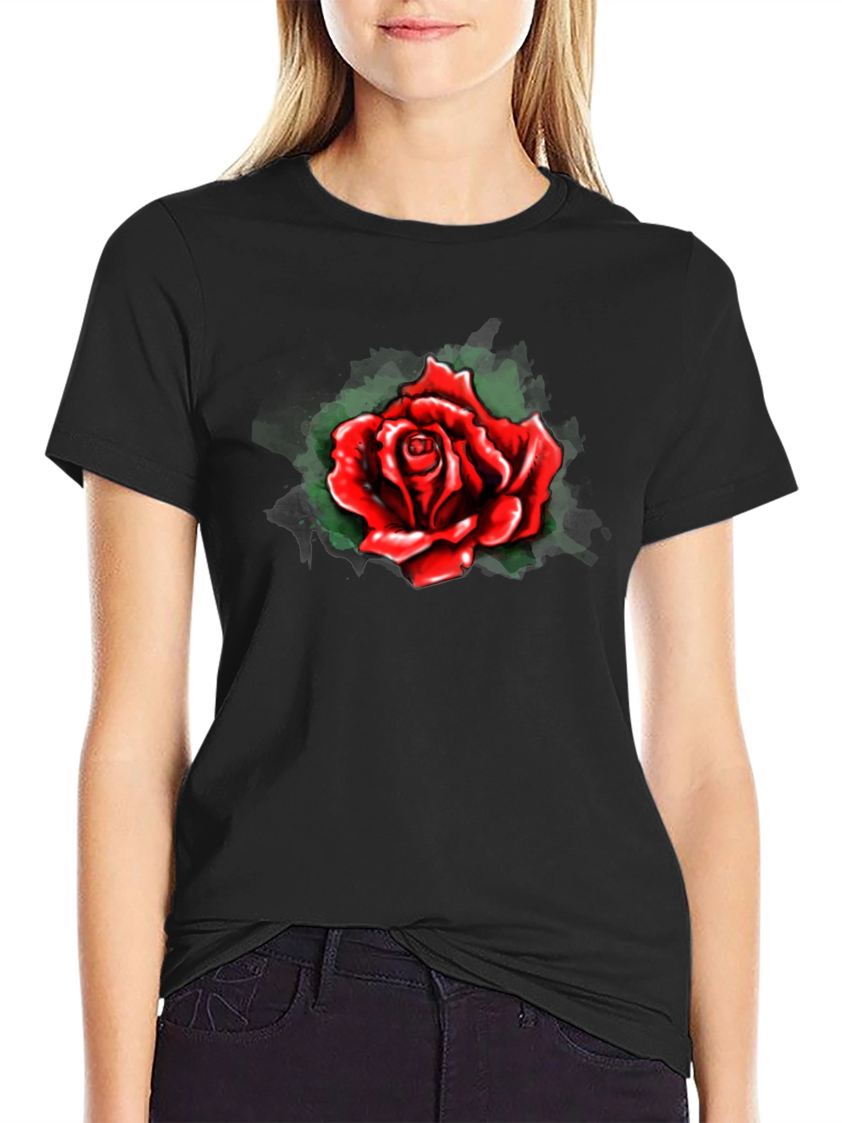Red Rose Graphic Print Black T-Shirt