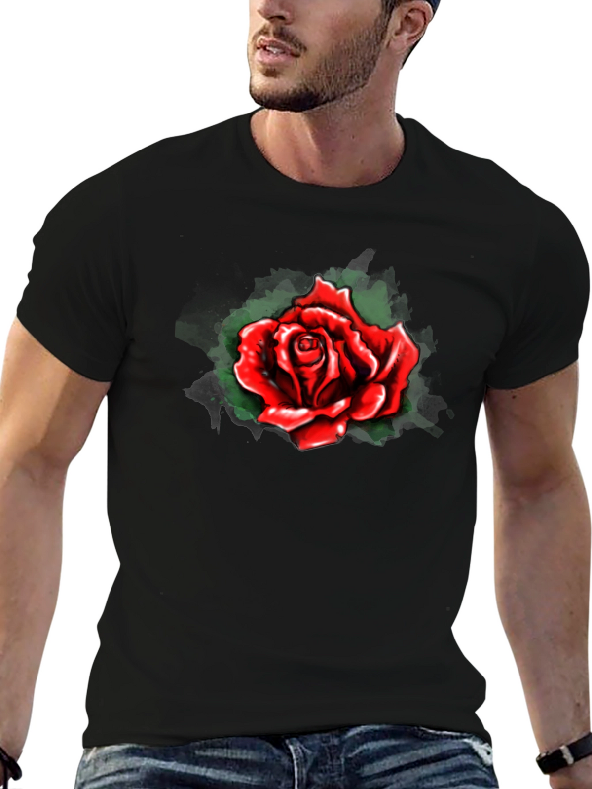 Red Rose Graphic Print Black T-Shirt